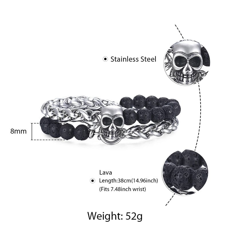 Skull Charm Stainless Steel Double Layered Link Black Lava Bracelets