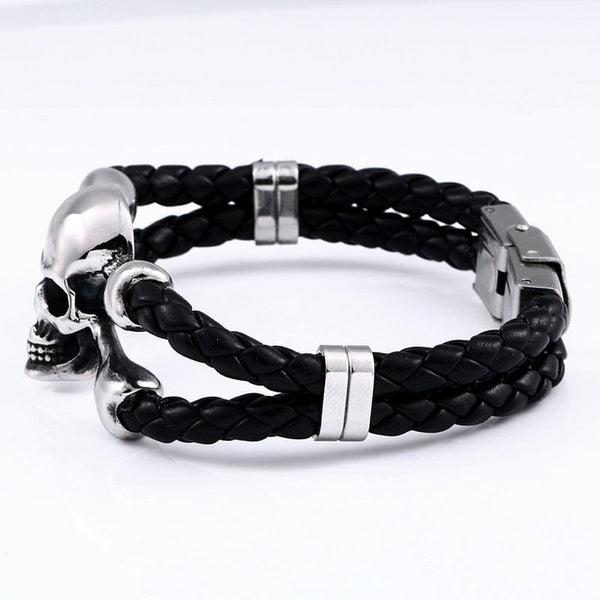 Punk Skull Cowhide Stainless Steel Bracelet