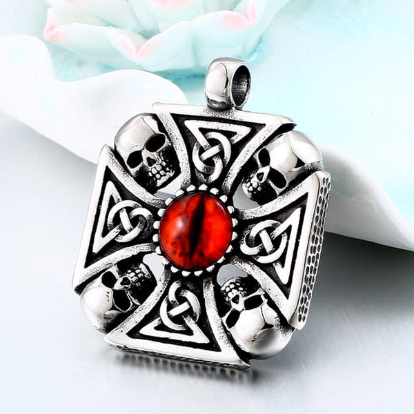 Stainless Steel Red Devil Eye Gem Cross Skull Necklace Pendant