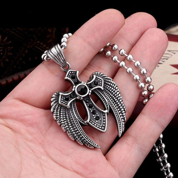 Stainless Steel Wing Cross Stone Pendant