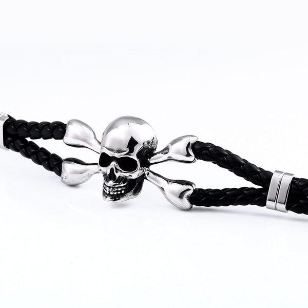 Punk Skull Cowhide Stainless Steel Bracelet
