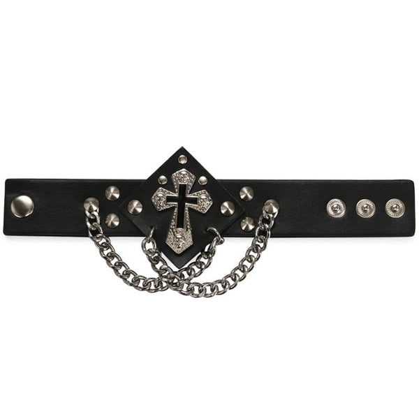 Punk Black Rivet Spikes Gothic Cross Leather Bracelet