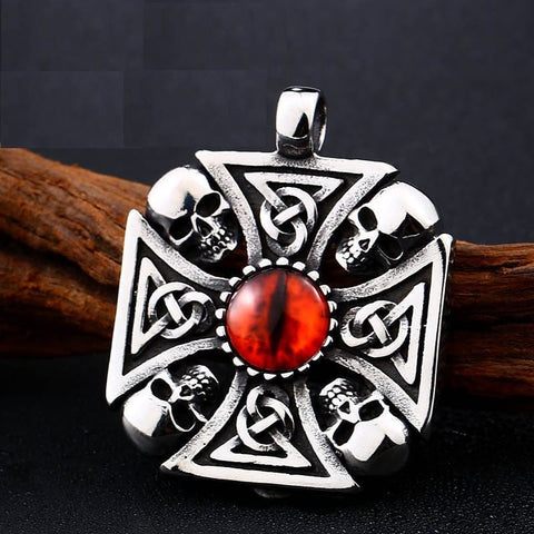 Stainless Steel Red Devil Eye Gem Cross Skull Necklace Pendant