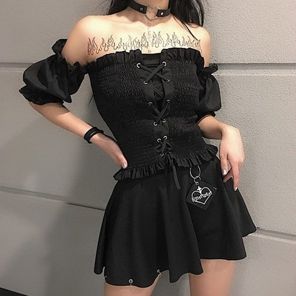Women's Ruffle Gothic Off Shoulder Lace Up Cross Blouse
