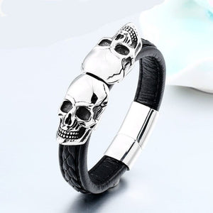Double Skull Smooth Stainless Steel Leather Bracelet