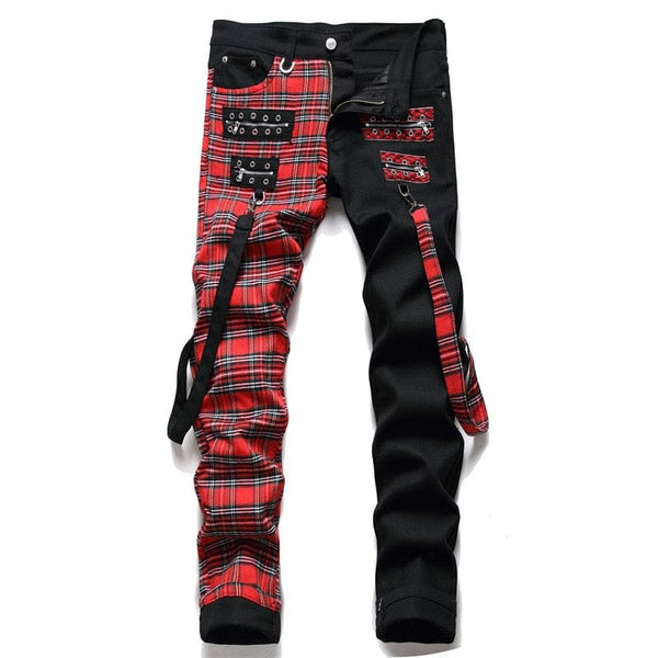 Red Plaid Patchwork Punk Zipper Men's Pencil Jeans