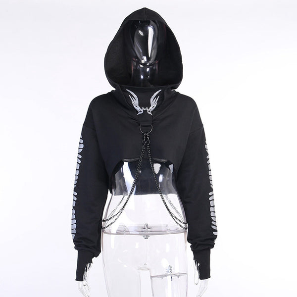 Gthic Reflective Print Crop Pullover With Detachable O-ring Chain Hoodie