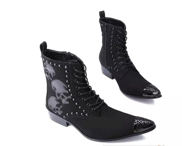 Black Designer Genuine Leather Military Ankle Skull Pattern Metal Head Boots