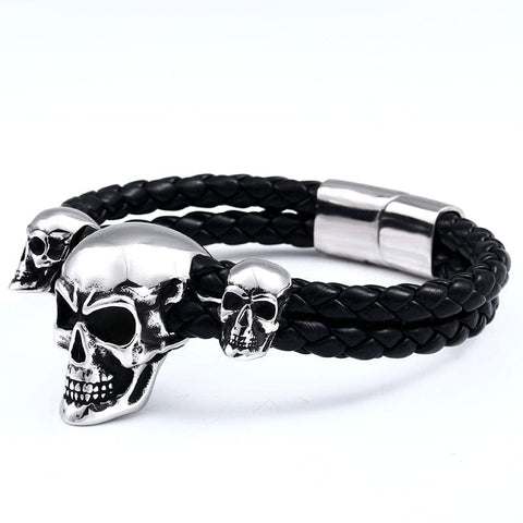 One Big Two Small Skulls Stainless Steel Punk Leather Bracelet