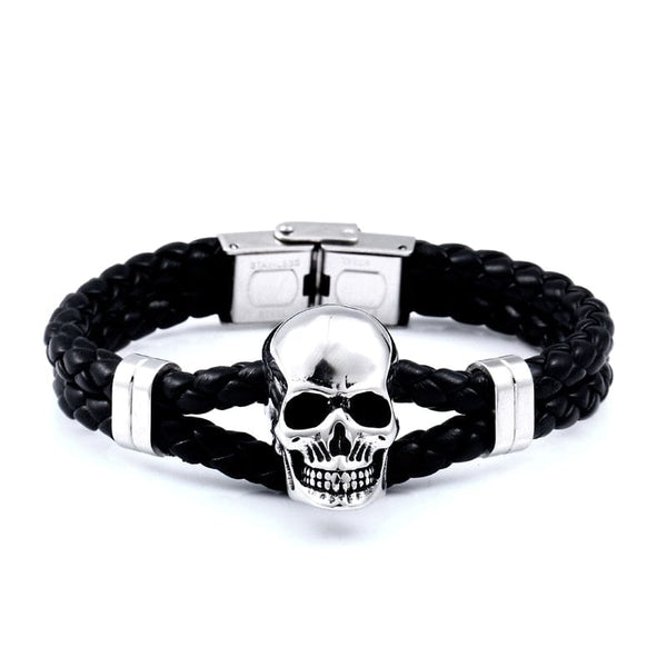 Large Skull Stainless Steel Punk Leather Bracelet