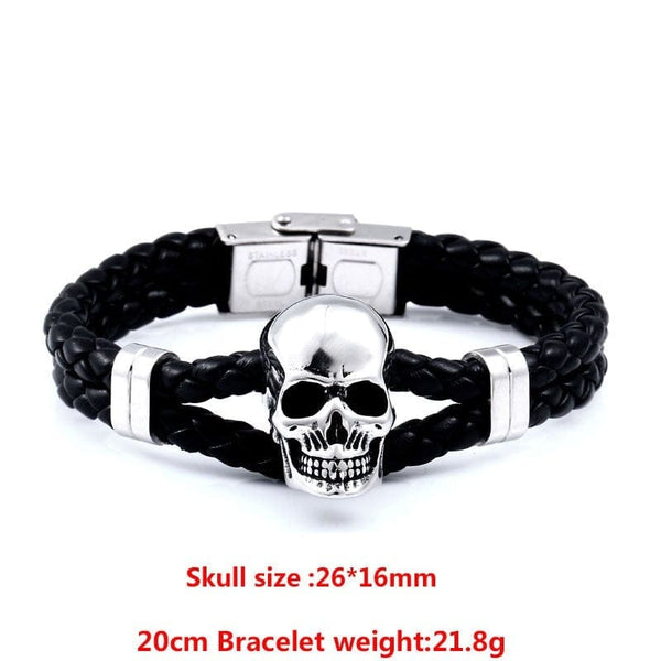 Large Skull Stainless Steel Punk Leather Bracelet