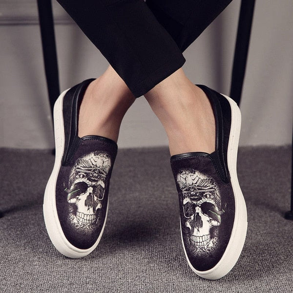 Men's Casual Punk Genuine Leather Skull Slip-on Breathable Loafers