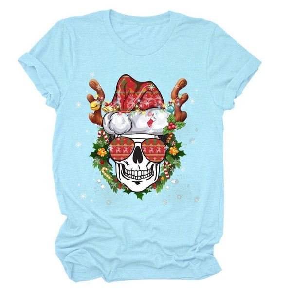 Women's Christmas Skull Head Print Short Sleeve T-shirt