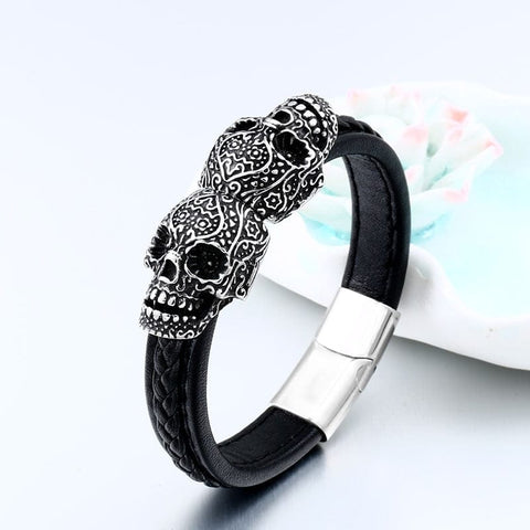 Carved Double Skull Stainless Steel Leather Bracelet