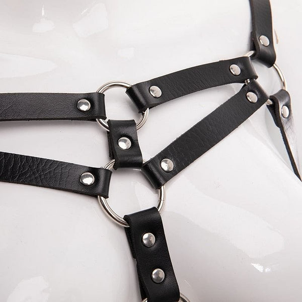 Black Leather Garter Two Piece Set Adjustable Cage Bra
