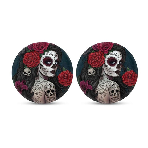 Day of The Dead Sugar Skull Design Car Accessories Set of 2 Cupholder Coasters