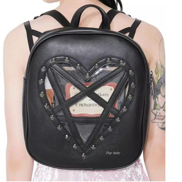 Women's Heart Shaped Gothic Rivet Pentagram Casual Backpack