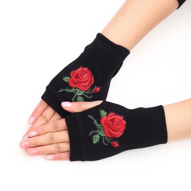 Rose Winter Warm Knitted Fingerless Gloves