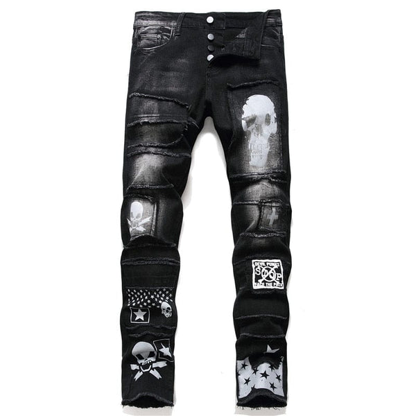Men's Streetwear Fashion Skull Black Denim Biker High Quality Jeans