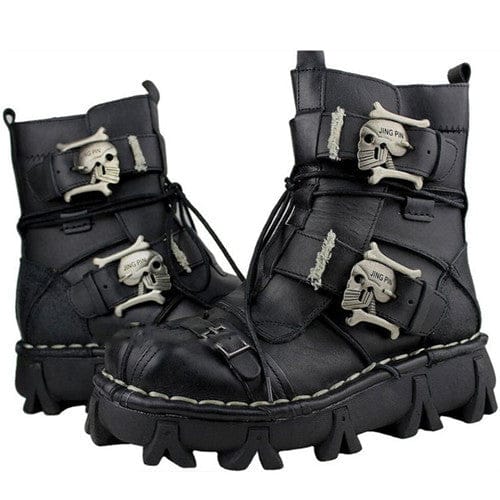 Men's Cowhide Leather Motorcycle Military Gothic Skull Boots