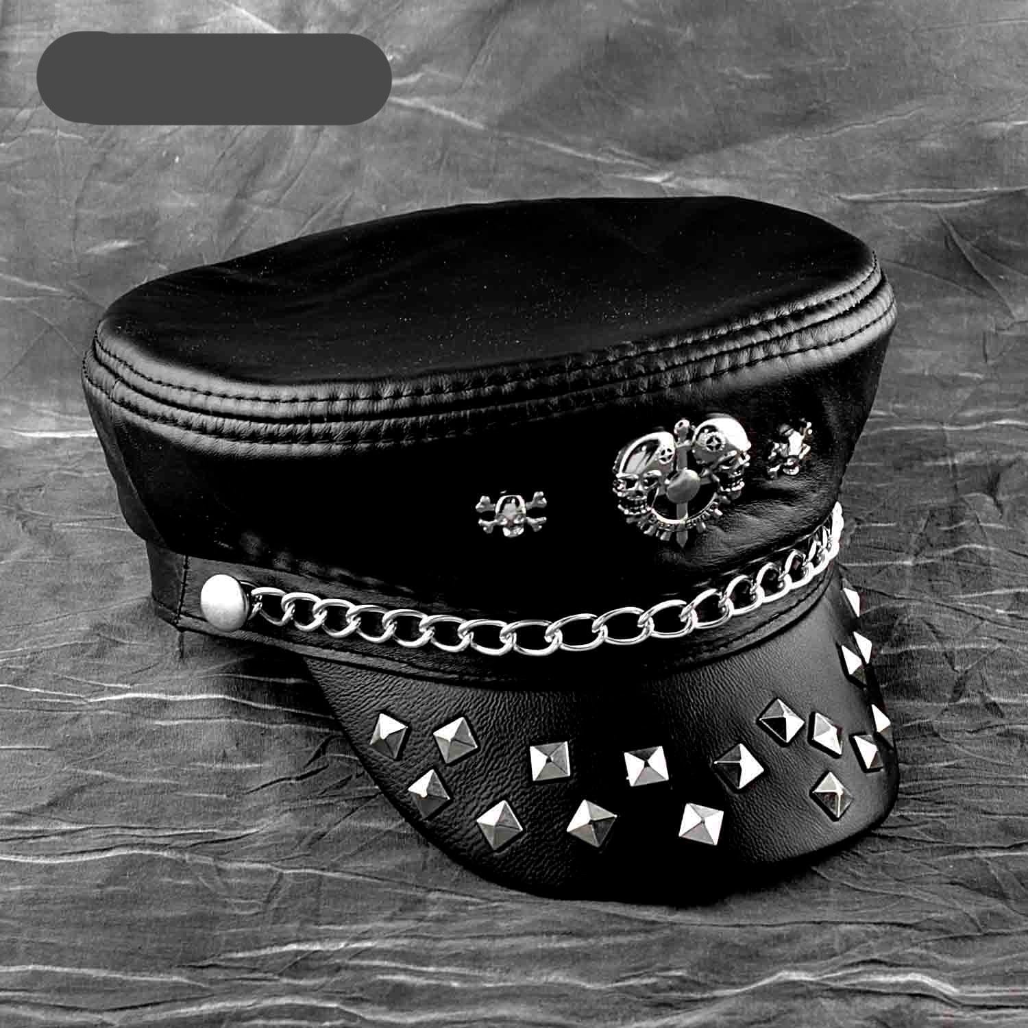 Black Genuine Leather Punk Steampunk Metal Studded Skull Hat
