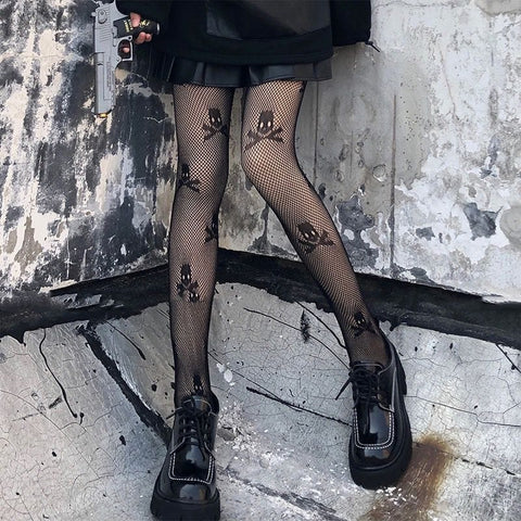 Skeleteen Black Fishnet Skull Tights - Gothic Day of the Dead Halloween  Fish Net Pantyhose with Ripped Skeleton Sugar Skulls Stockings 