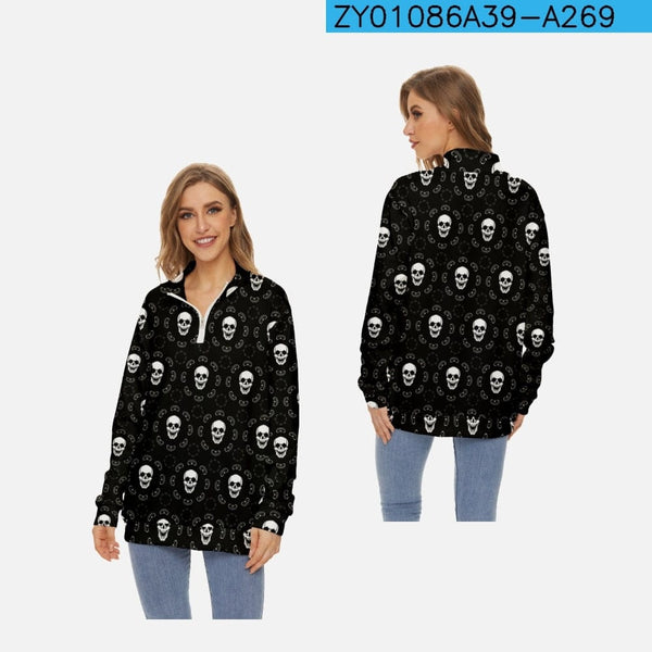 Women's Skull Printing Long-sleeved Zip Crew Neck Sweatshirt 5 Colors