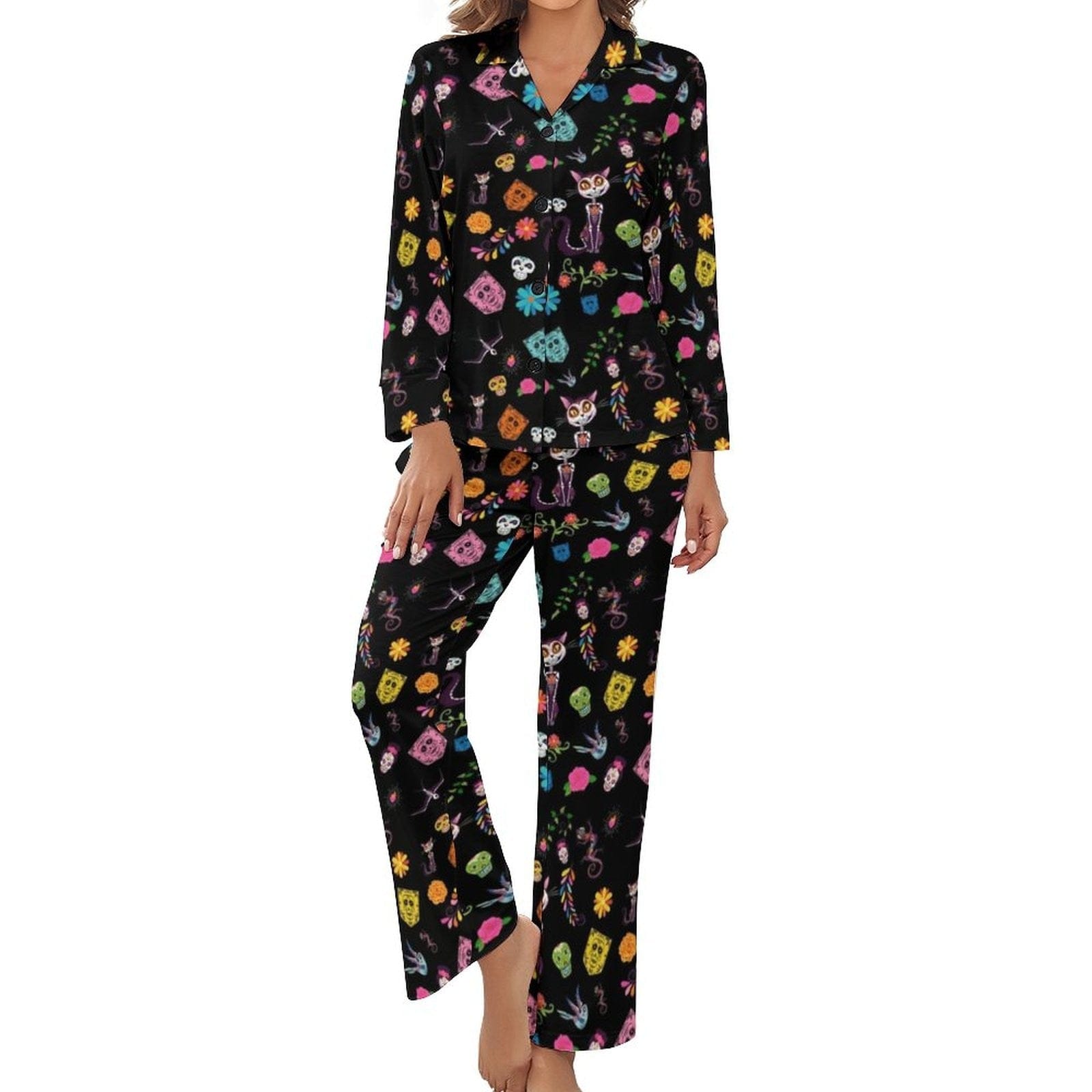 Women's Skull Cat Long-Sleeve 2 Piece Sleepwear Pajama Set