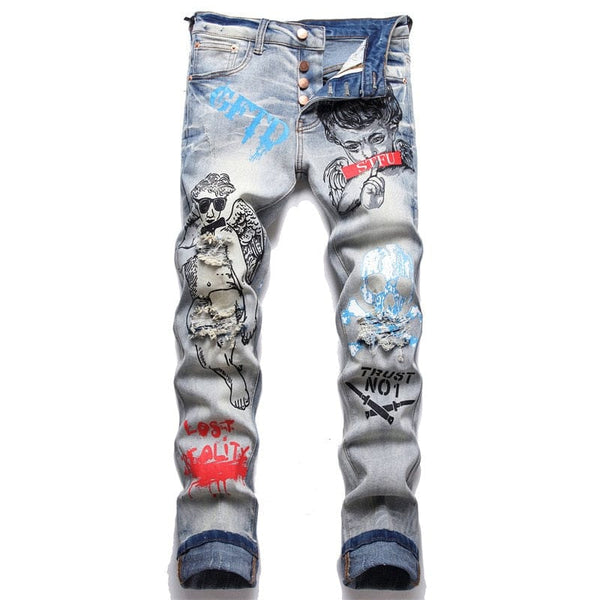 Men's Skull Print Vintage Punk Button Fly Ripped Jeans