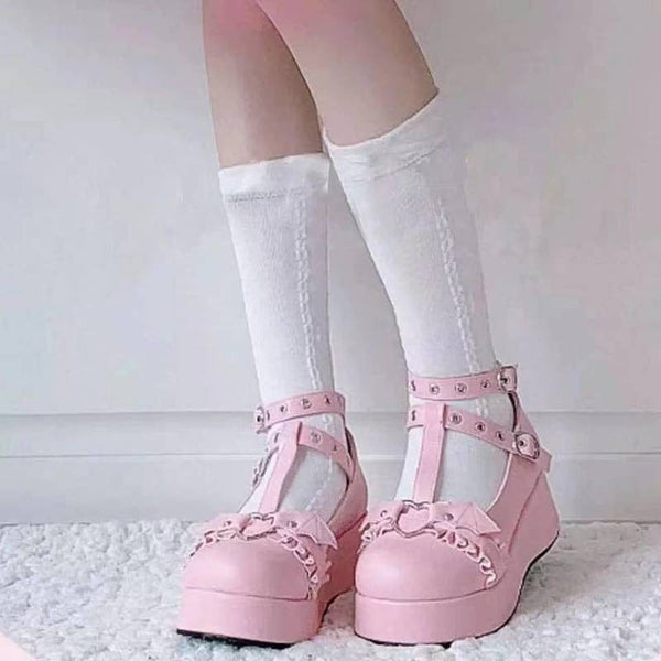Women's Sweet Heart Buckle Wedges T-Strap Chunky Platform Lolita Shoes