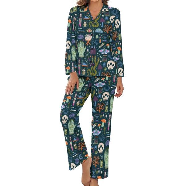 Women's Blue Skull Long-Sleeve 2 Piece Sleepwear Pajama Set