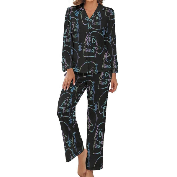 Women's Black Skull Long-Sleeve 2 Piece Sleepwear Pajama Set