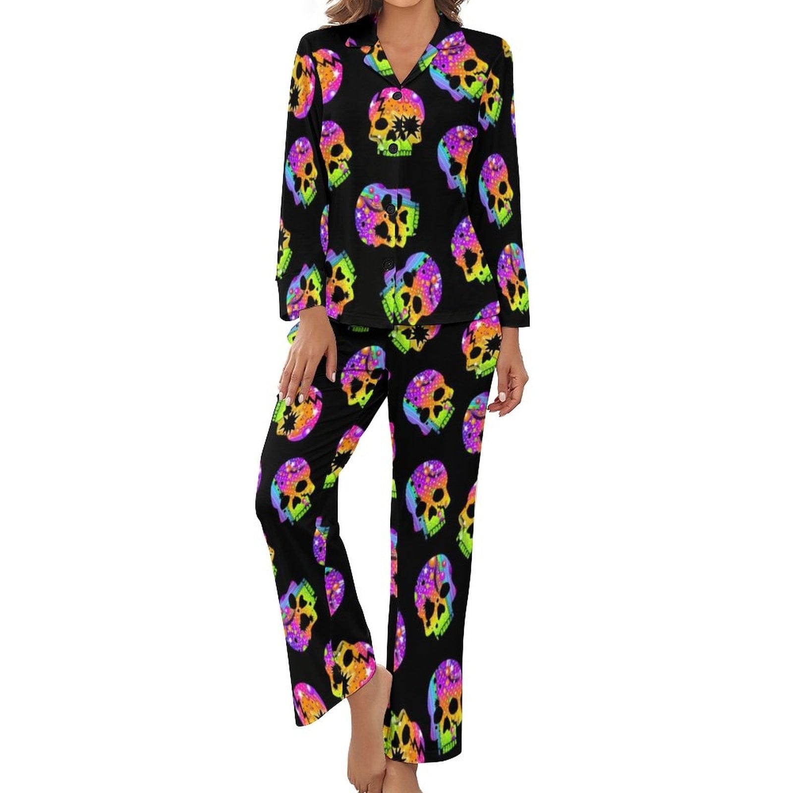 Women's Rainbow Skull Long-Sleeve 2 Piece Sleepwear Pajama Set