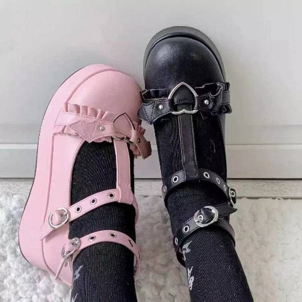 Women's Sweet Heart Buckle Wedges T-Strap Chunky Platform Lolita Shoes