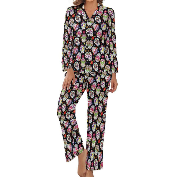 Women's Multi Skulls Long-Sleeve 2 Piece Sleepwear Pajama Set
