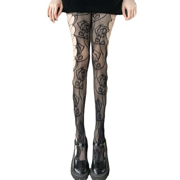 Hollow Out Black Roses Fishnet Stockings