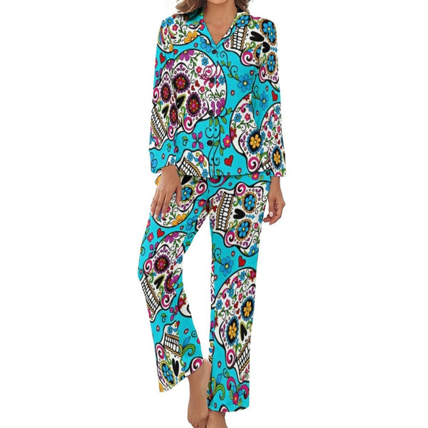 Women's Skull Aqua Long-Sleeve 2 Piece Sleepwear Pajama Set