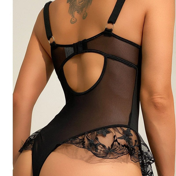 Ruffled Lace See Through Embroidery Bodysuit