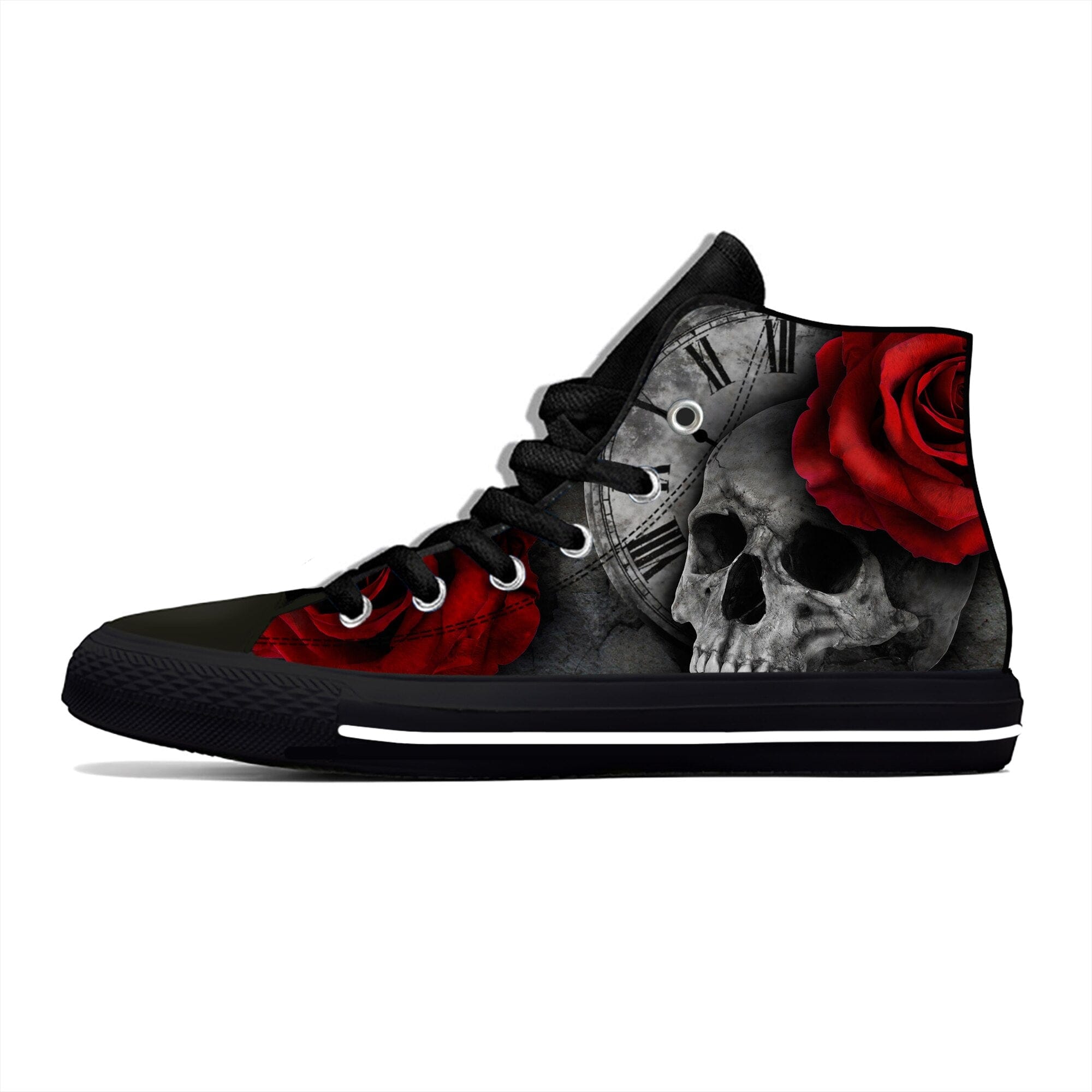 Gray Skull Roses Casual Canvas Breathable Lightweight High Top Sneakers