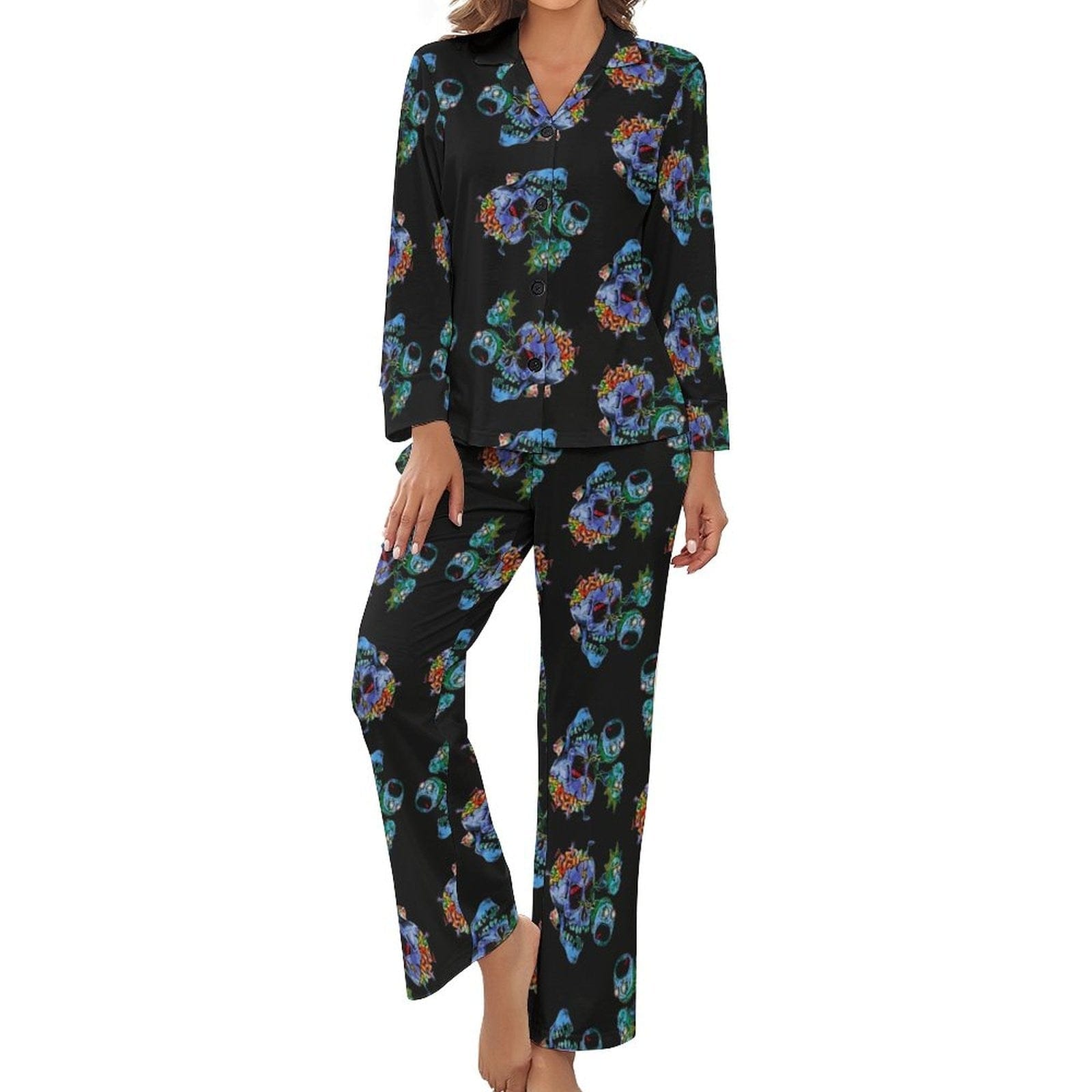 Women's Blue Floral Skull Long-Sleeve 2 Piece Sleepwear Pajama Set
