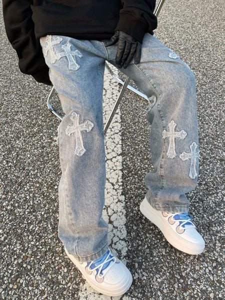 Men's Goth Cross Denim Loose Jeans
