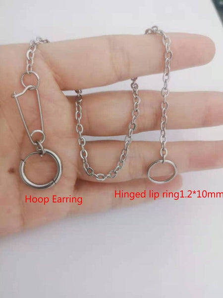 Punk Style Steel Hinged Lip Ring & Earing 2 In 1 With Long Chain