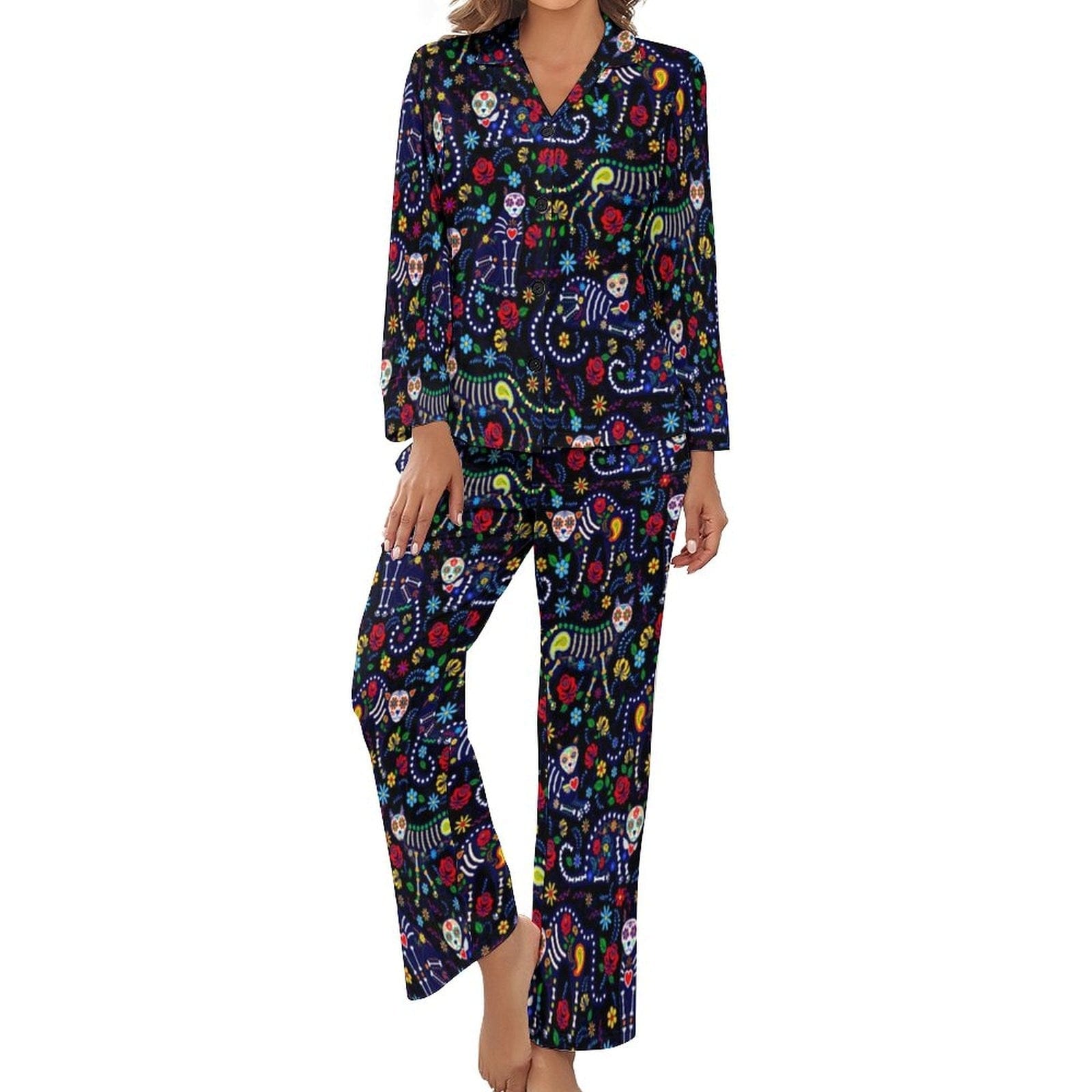 Women's Skull Paisley Long-Sleeve 2 Piece Sleepwear Pajama Set