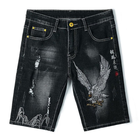 Embroidered Eagle Ripped Five Points Denim Shorts For Men