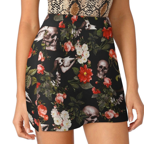 💀 Skull And Floral Pattern Women's Skirt With Pocket 💀
