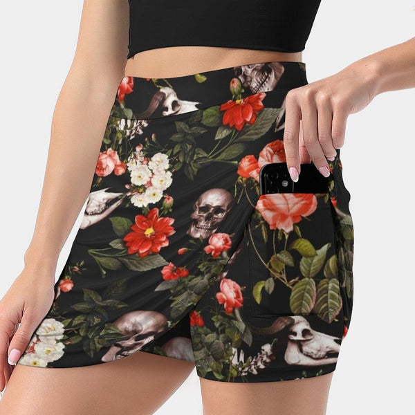 💀 Skull And Floral Pattern Women's Skirt With Pocket 💀
