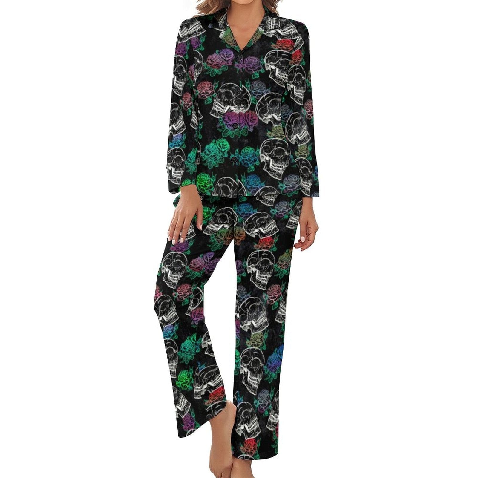 Women's Purple Skull Long-Sleeve 2 Piece Sleepwear Pajama Set