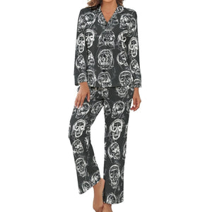 Women's Gray Skull Long-Sleeve 2 Piece Sleepwear Pajama Set