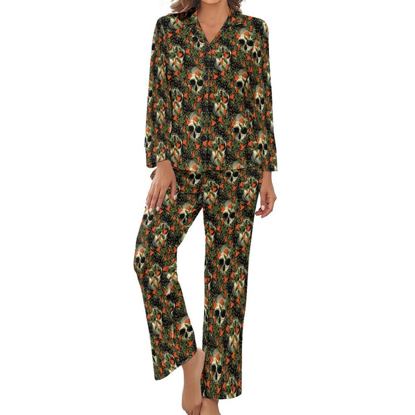 Women's Brown Skull Long-Sleeve 2 Piece Sleepwear Pajama Set
