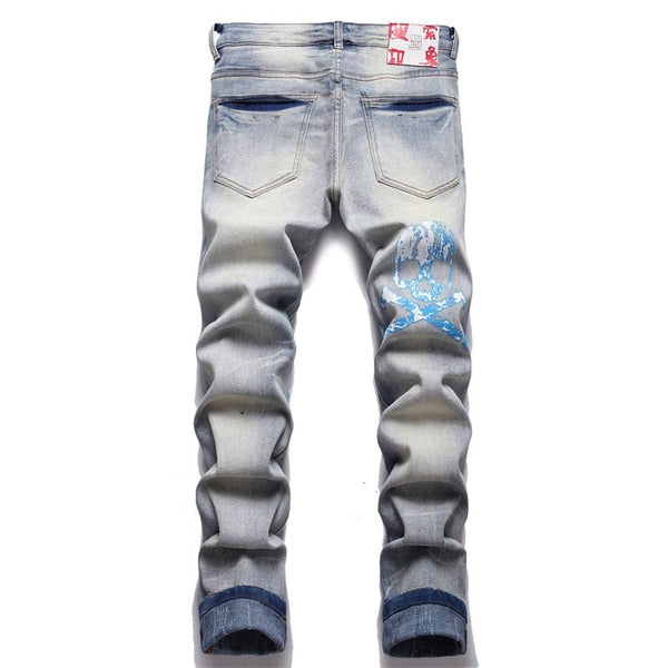 Men's Skull Print Vintage Punk Button Fly Ripped Jeans